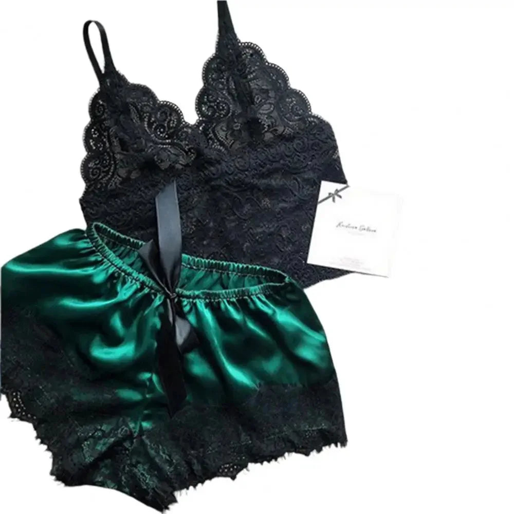 Ensemble de pyjama sexy en satin et dentelle pour femme, lingerie, short à bretelles élastiques, vêtements de nuit, sous-vêtements sans manches