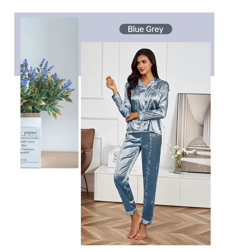 Pyjama 2 pièces en satin pour femme, vêtement d'automne à imprimé floral, haut à manches longues, pantalon de pyjama