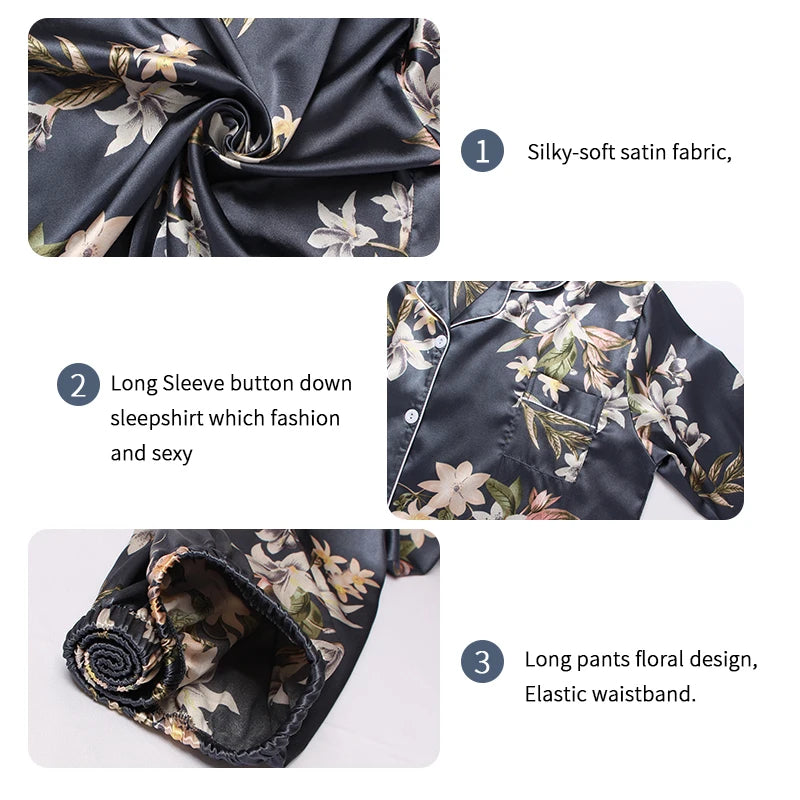 Pyjama 2 pièces en satin pour femme, vêtement d'automne à imprimé floral, haut à manches longues, pantalon de pyjama