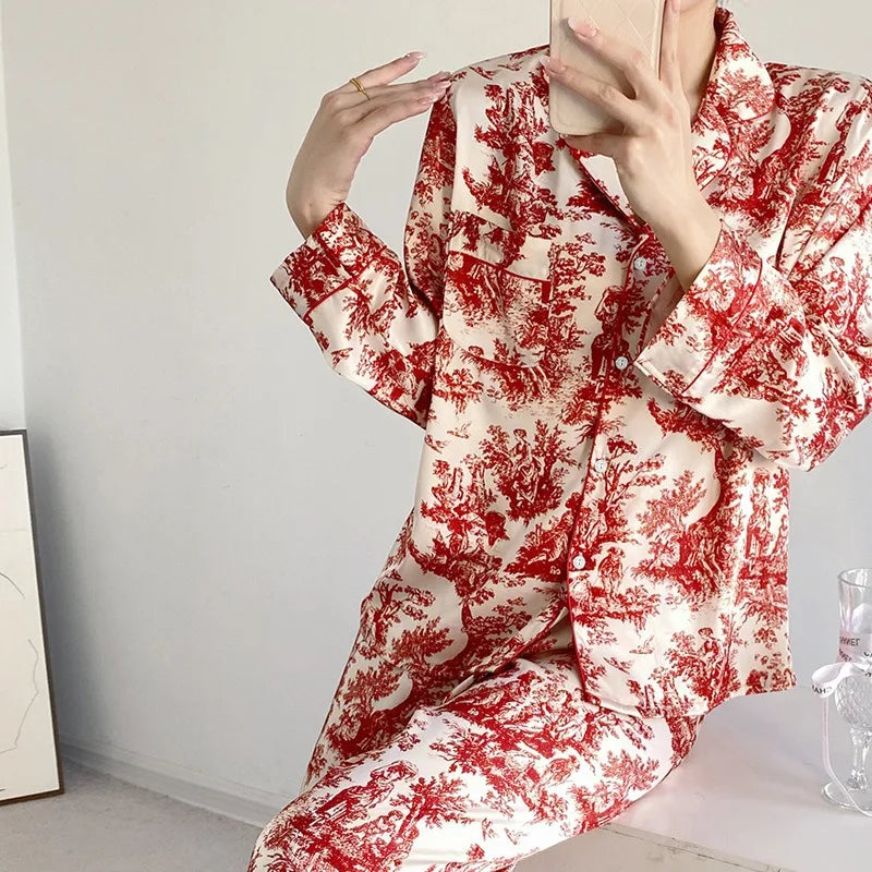 Ensemble pyjama 2 pièces pour femme, tenue de détente, imprimé floral rouge, manches longues, pantalon, vêtements de nuit amples en satin, chemise et pantalon