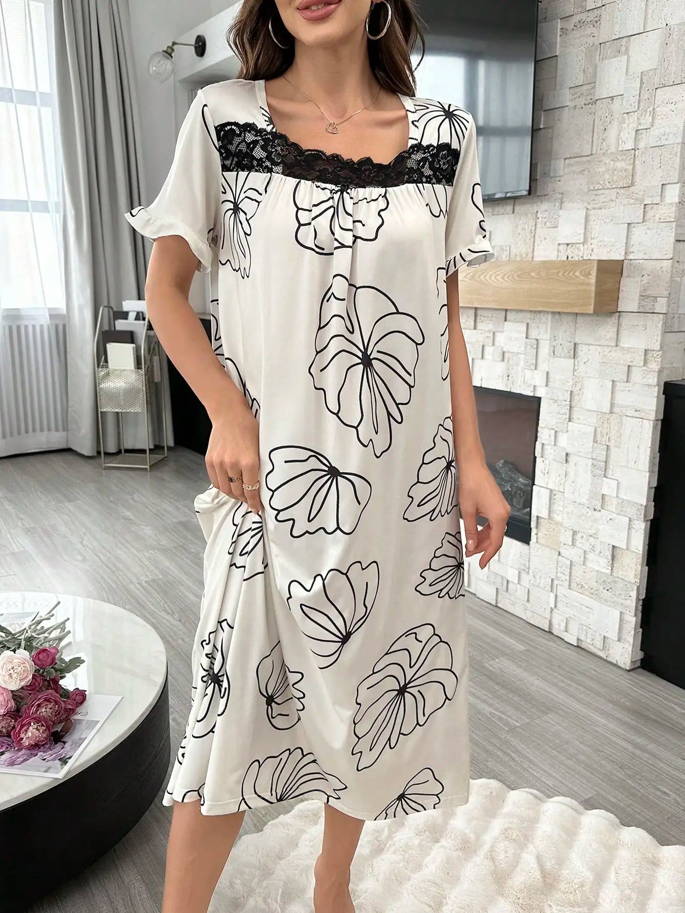 Pyjama d'été une pièce pour femme, imprimé floral élégant, col carré, longue chemise de nuit ample, peut être porté à l'extérieur, peignoir de maison