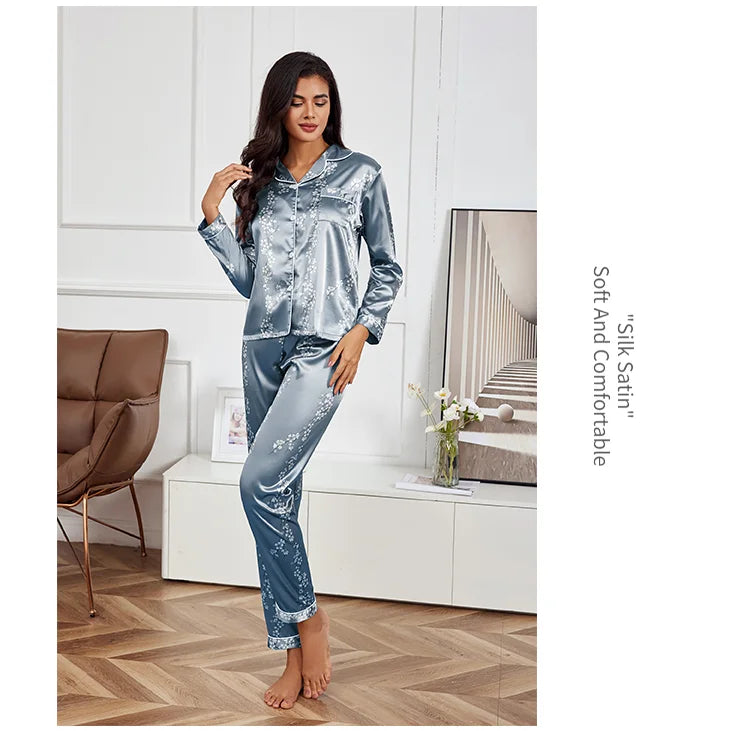 Pyjama 2 pièces en satin pour femme, vêtement d'automne à imprimé floral, haut à manches longues, pantalon de pyjama