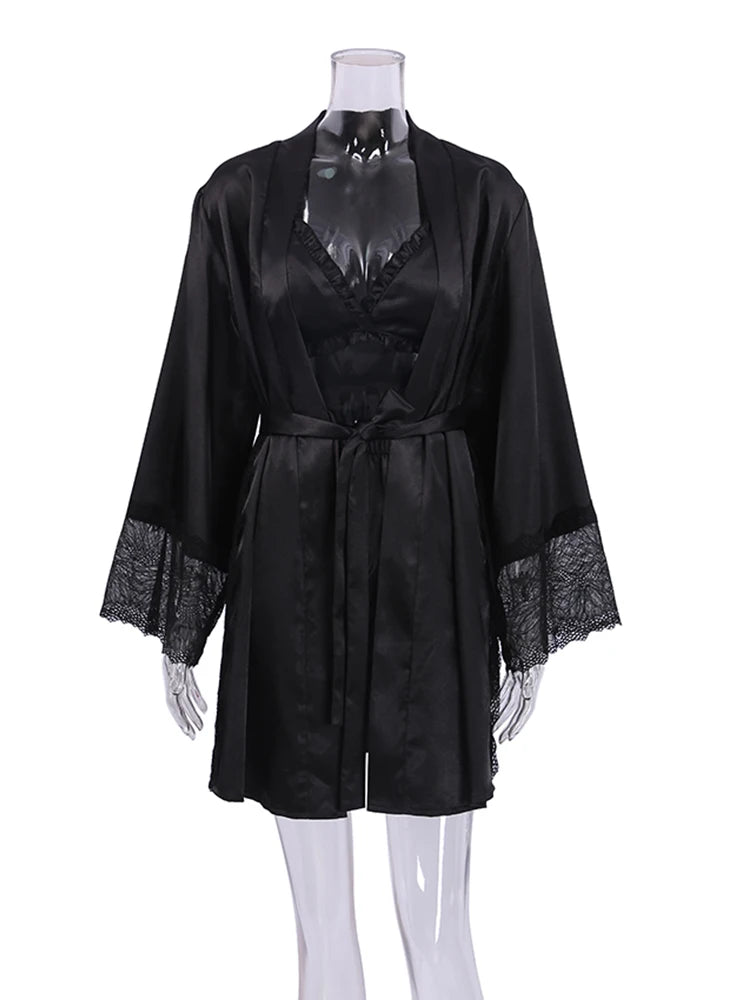 Ensembles de pyjama en dentelle patchwork avec soutien-gorge et sous-vêtements sexy en satin pour femme, 3 pièces, vêtements de nuit, peignoirs, 2023