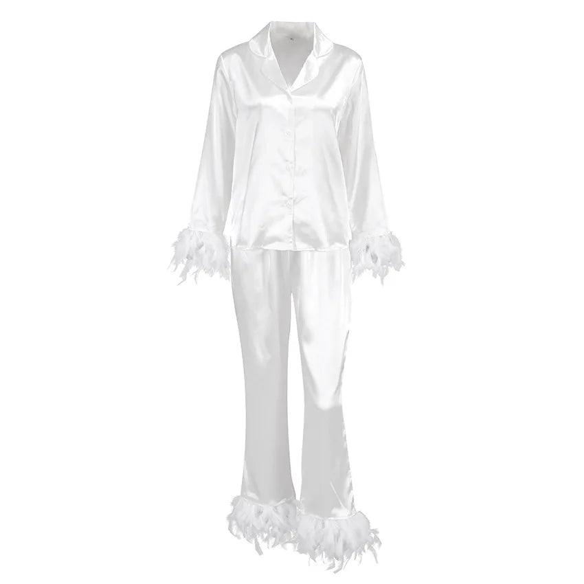 Ensemble 2 pièces à manches longues et pantalon long, pyjama blanc pour demoiselle d'honneur, robe de soirée en satin à revers multicolore, élasticité, pyjama sexy pour femme