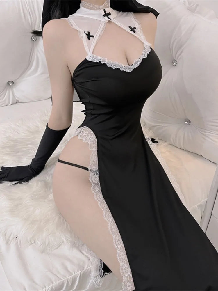Pyjama sexy en soie pour femme, nuisette à bretelles, satin, ouvert, vêtements érotiques, service à domicile, décolleté en V profond, nuisette transparente
