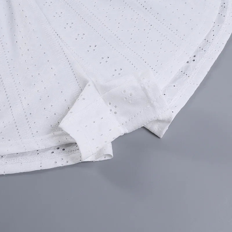 Pyjama d'été ajouré pour femme, haut à manches longues et short, ensemble 2 pièces