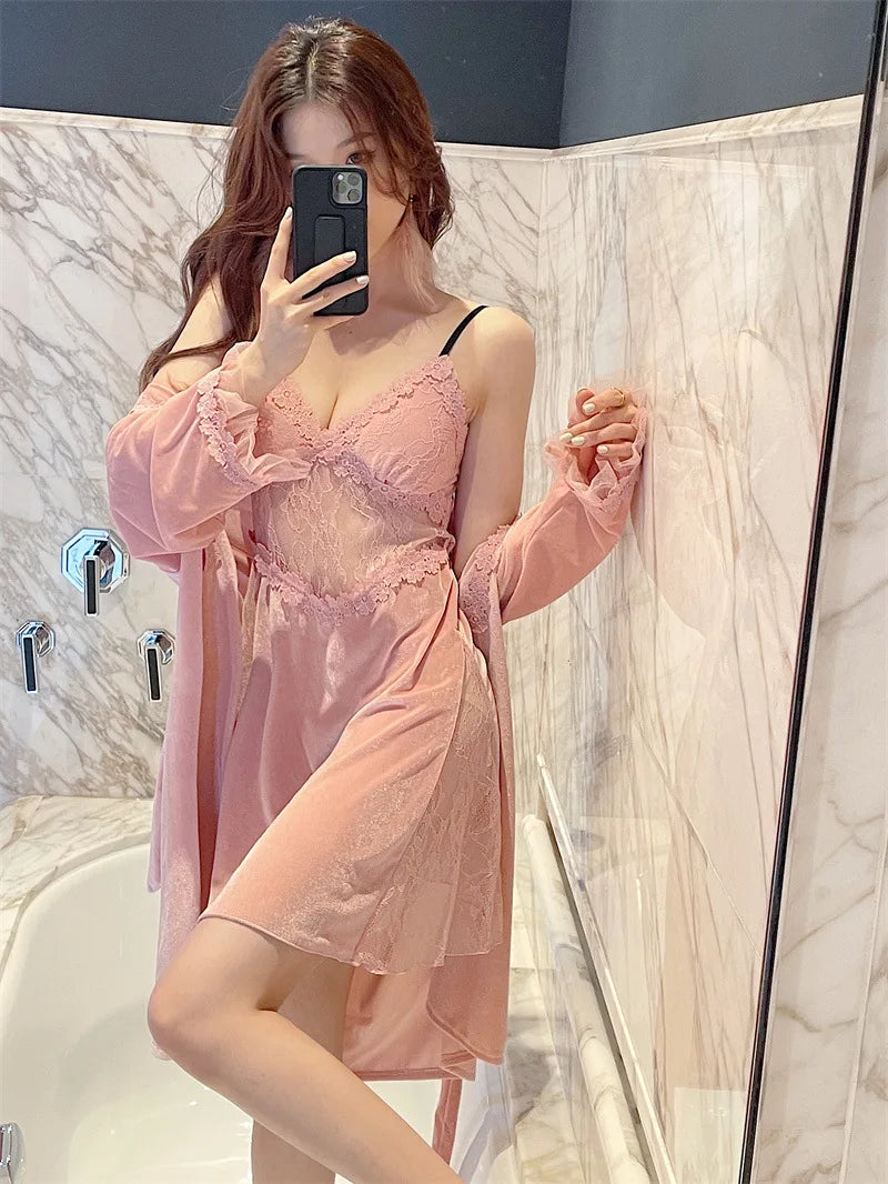 Pyjama sexy en velours pour femme - Robe à manches longues et chemise de nuit à bretelles en dentelle pour l'hiver et l'automne - Vêtements de nuit deux pièces confortables