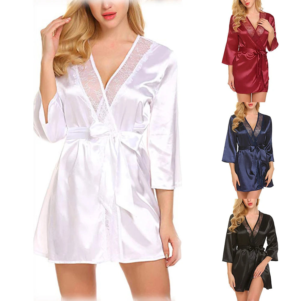 Robe de chambre en satin pour femme, tenue d'été portefeuille, peignoir, chemise de nuit, pyjama, col en V, sexy, surdimensionnée, imitation soie, perspective