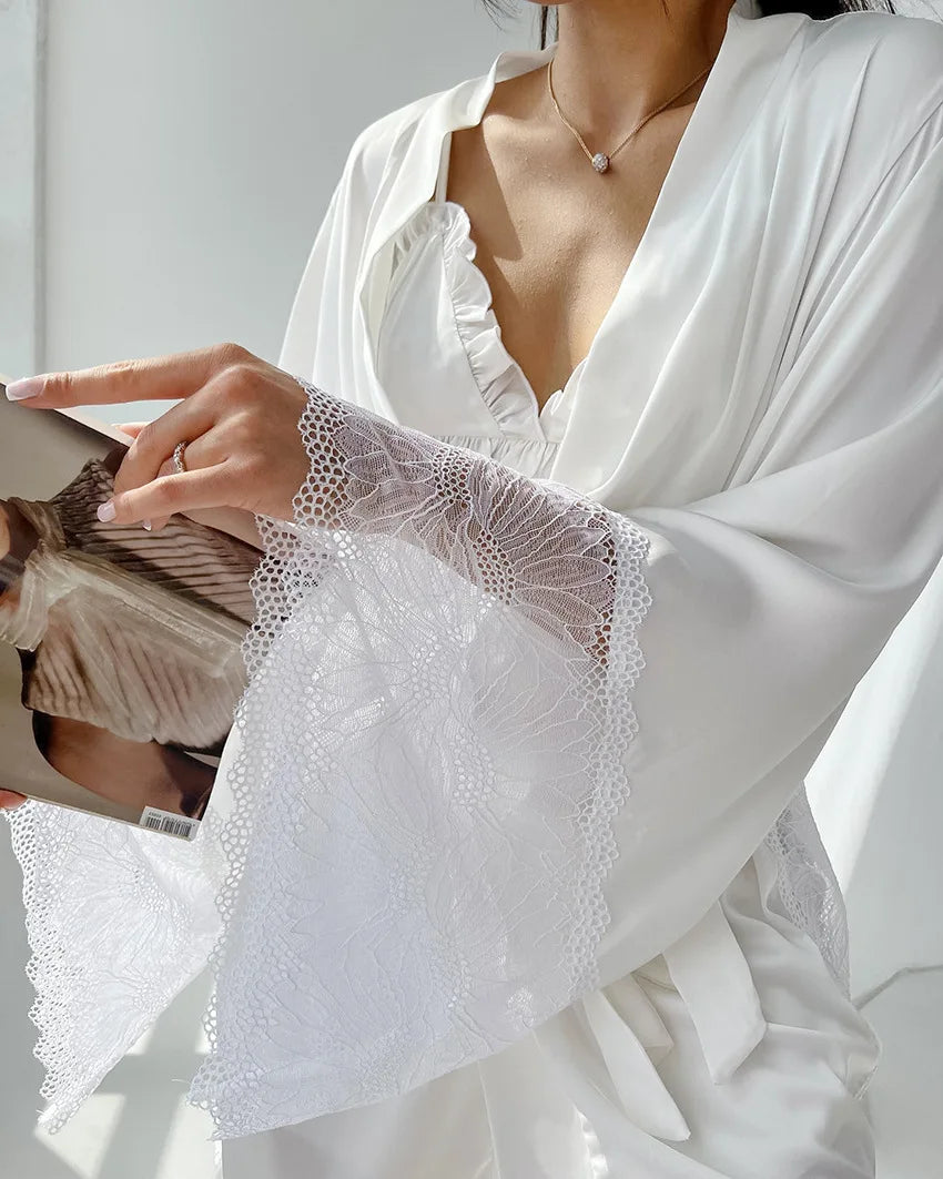 Ensembles de pyjama en dentelle patchwork avec soutien-gorge et sous-vêtements sexy en satin pour femme, 3 pièces, vêtements de nuit, peignoirs, 2023