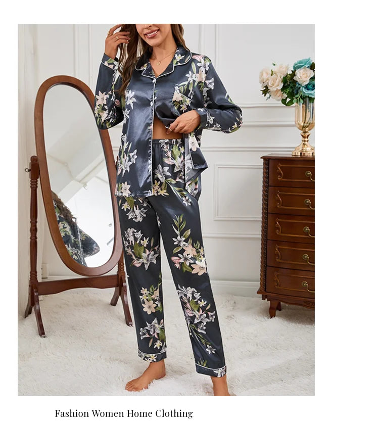 Pyjama 2 pièces en satin pour femme, vêtement d'automne à imprimé floral, haut à manches longues, pantalon de pyjama