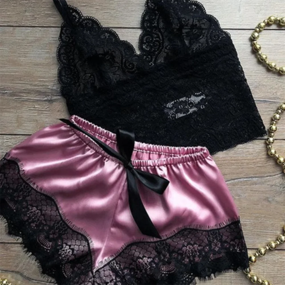 Ensemble de pyjama sexy en satin et dentelle pour femme, lingerie, short à bretelles élastiques, vêtements de nuit, sous-vêtements sans manches