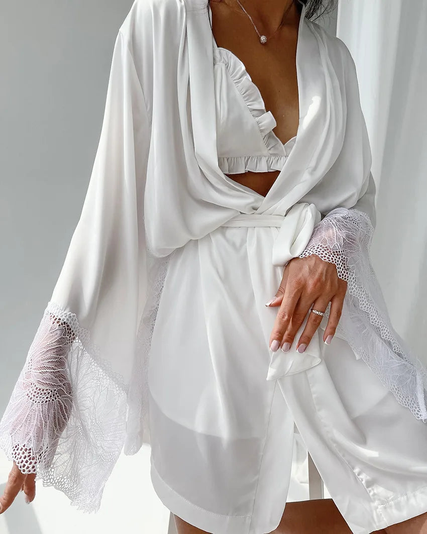 Ensembles de pyjama en dentelle patchwork avec soutien-gorge et sous-vêtements sexy en satin pour femme, 3 pièces, vêtements de nuit, peignoirs, 2023