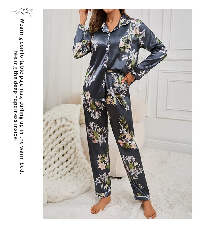 Pyjama 2 pièces en satin pour femme, vêtement d'automne à imprimé floral, haut à manches longues, pantalon de pyjama