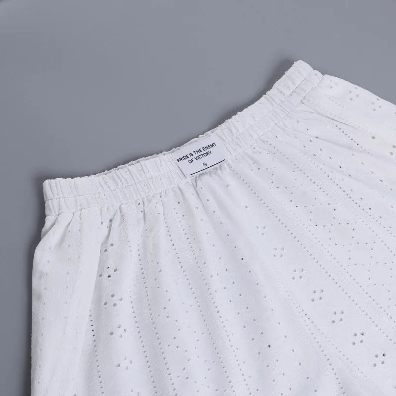 Pyjama d'été ajouré pour femme, haut à manches longues et short, ensemble 2 pièces