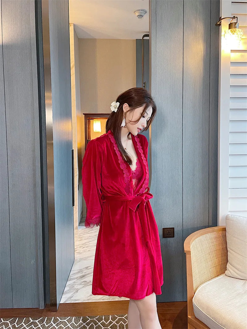 Pyjama sexy en velours pour femme - Robe à manches longues et chemise de nuit à bretelles en dentelle pour l'hiver et l'automne - Vêtements de nuit deux pièces confortables