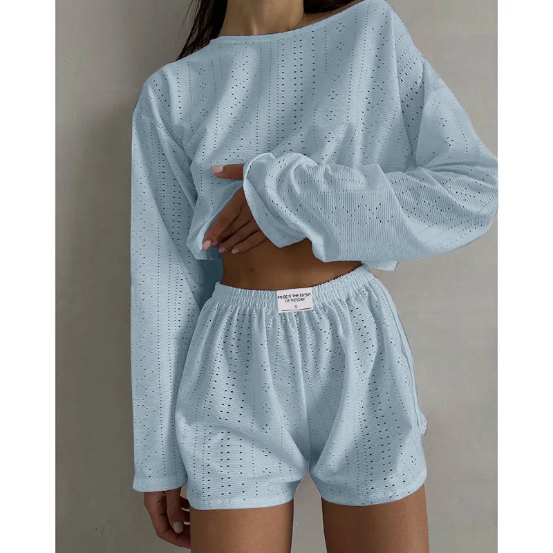 Pyjama d'été ajouré pour femme, haut à manches longues et short, ensemble 2 pièces
