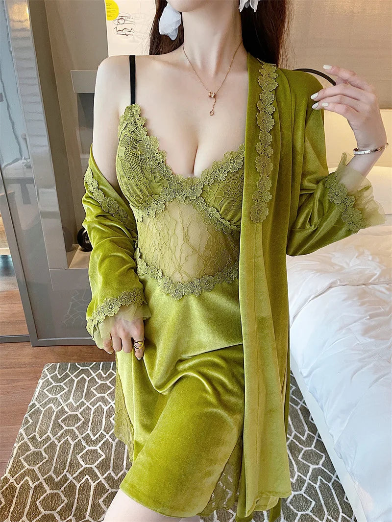Pyjama sexy en velours pour femme - Robe à manches longues et chemise de nuit à bretelles en dentelle pour l'hiver et l'automne - Vêtements de nuit deux pièces confortables