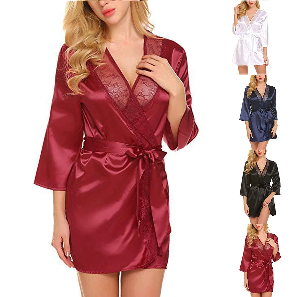 Robe de chambre en satin pour femme, tenue d'été portefeuille, peignoir, chemise de nuit, pyjama, col en V, sexy, surdimensionnée, imitation soie, perspective