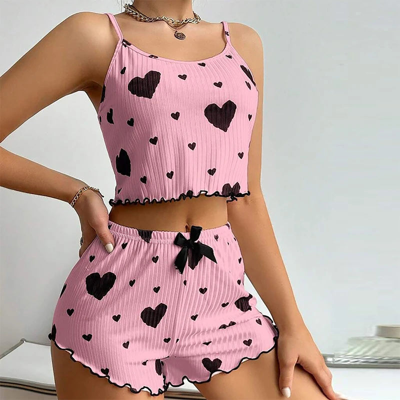 Ensemble pyjama 2 pièces pour femme, débardeur court et short, taille SML, blanc, respirant, doux, décontracté, imprimé Love