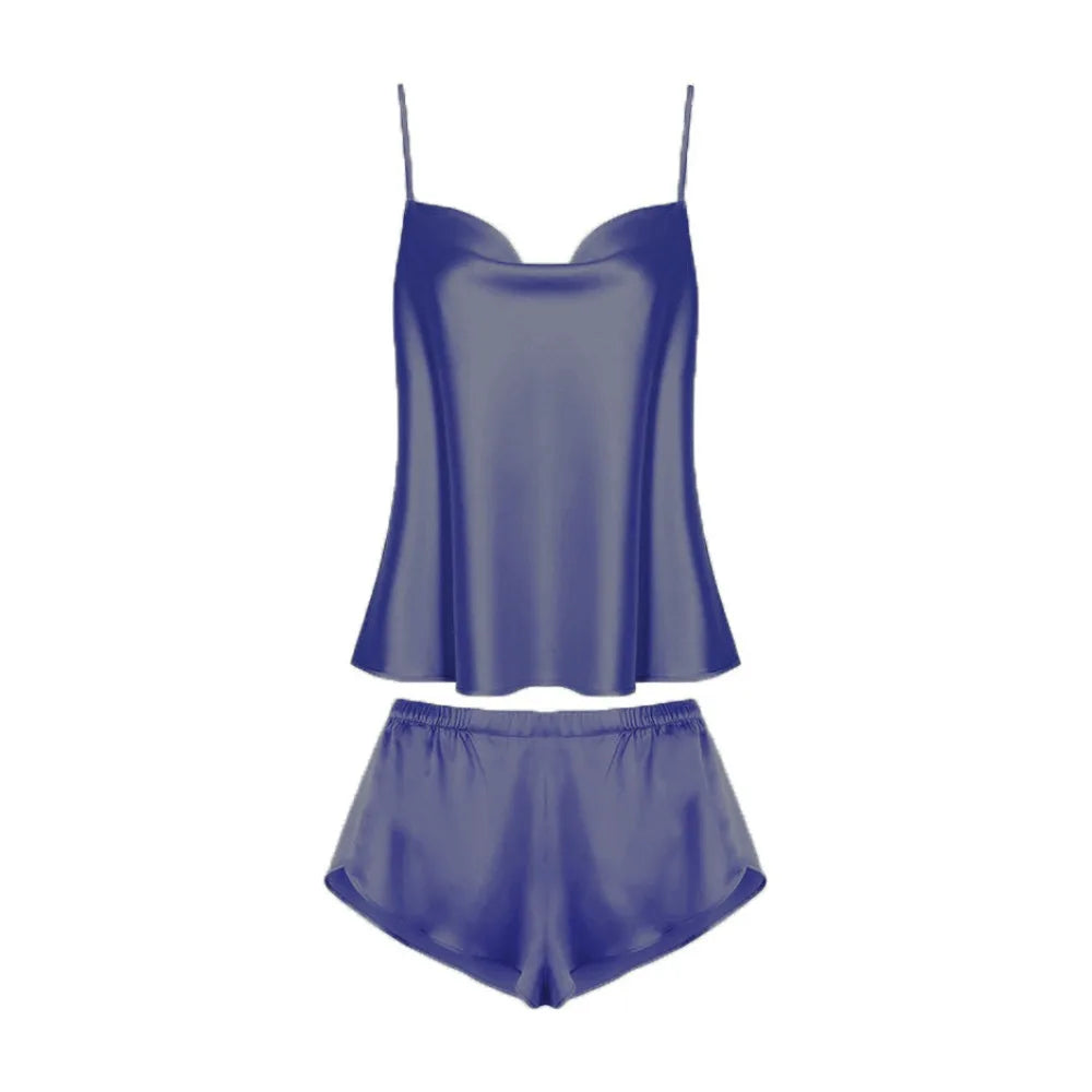 Pyjama sans manches en satin de soie, col en V, ample, caraco, short, chemise de nuit, vêtements de maison, ensembles de vêtements de nuit en soie glacée, été, femme