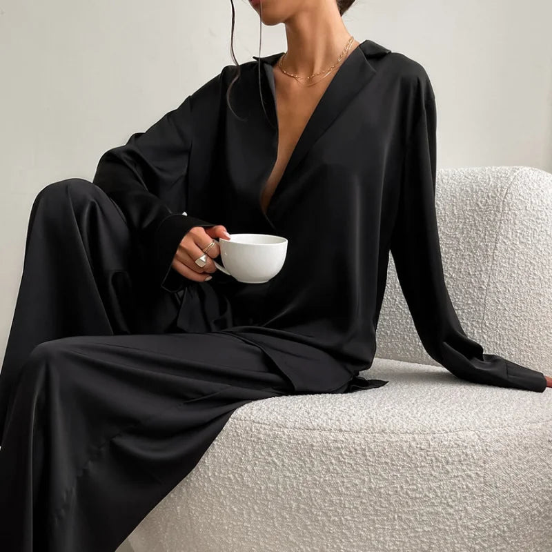 Ensemble de pyjama sexy à coupe basse pour femme, pantalon ample et décontracté à manches longues, en satin de soie uni, haut ajusté, 2 pièces