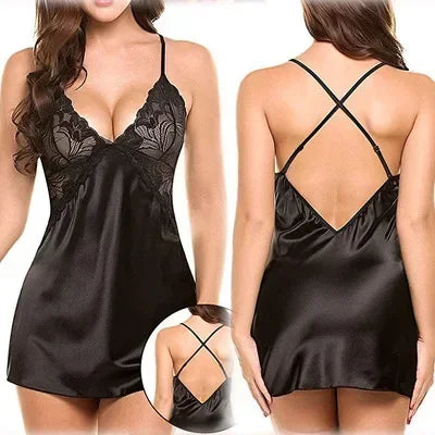 Pyjama dos nu sexy avec jupe porte-jarretelles pour femme, lingerie de nuit, vêtements de nuit en satin, chemise en dentelle, mini nuisette, nuisette