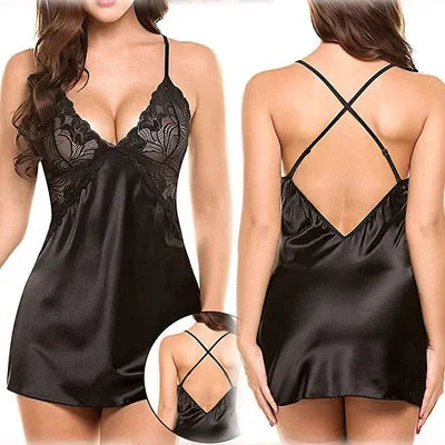 Pyjama dos nu sexy avec jupe porte-jarretelles pour femme, lingerie de nuit, vêtements de nuit en satin, chemise en dentelle, mini nuisette, nuisette