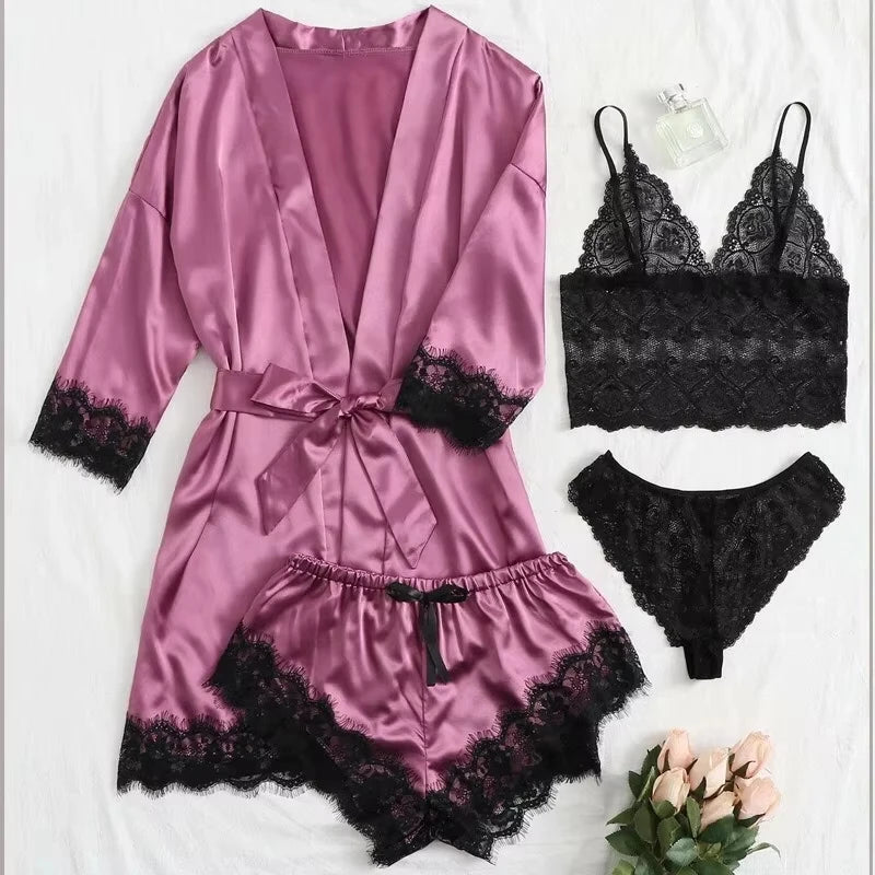 Pyjama tendance pour femme, imprimé, sexy, bordure en dentelle, imitation soie, satin, doux pour la peau, confortable, vêtements de détente, pyjama sexy