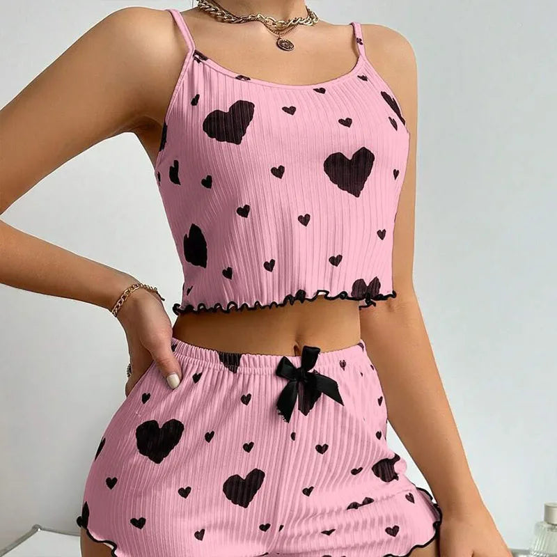 Ensemble pyjama 2 pièces pour femme, débardeur court et short, taille SML, blanc, respirant, doux, décontracté, imprimé Love