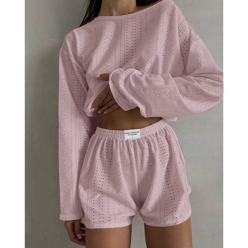 Pyjama d'été ajouré pour femme, haut à manches longues et short, ensemble 2 pièces