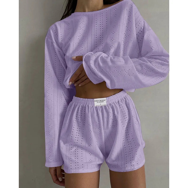 Pyjama d'été ajouré pour femme, haut à manches longues et short, ensemble 2 pièces
