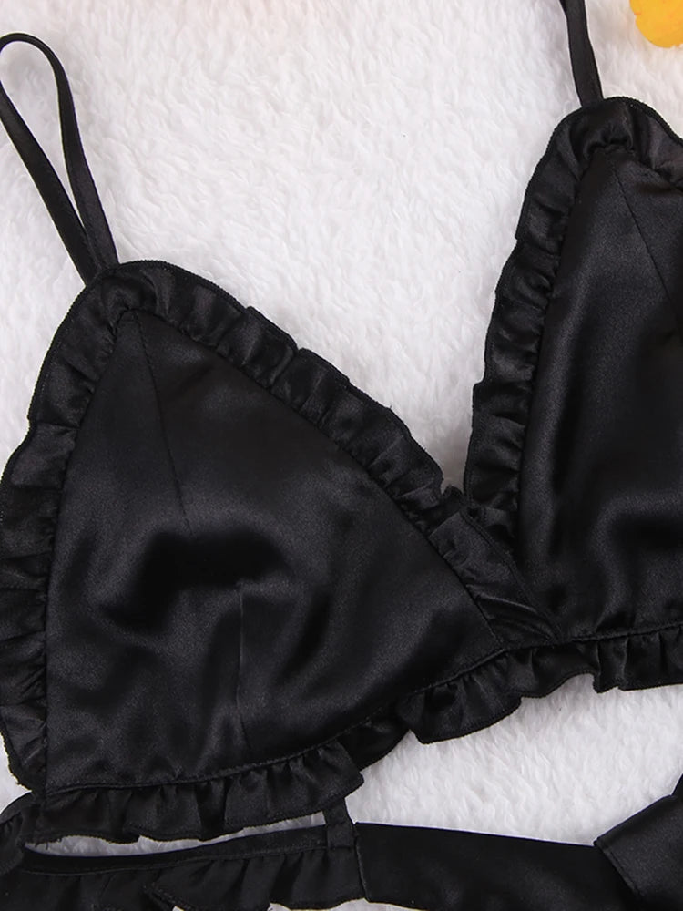 Ensembles de pyjama en dentelle patchwork avec soutien-gorge et sous-vêtements sexy en satin pour femme, 3 pièces, vêtements de nuit, peignoirs, 2023