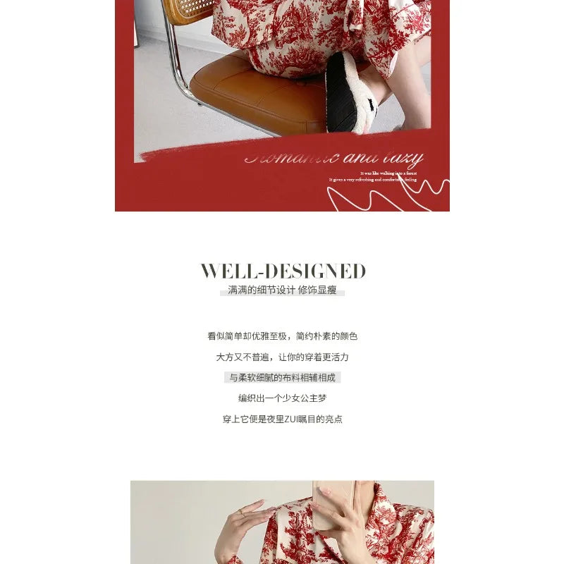 Ensemble pyjama 2 pièces pour femme, tenue de détente, imprimé floral rouge, manches longues, pantalon, vêtements de nuit amples en satin, chemise et pantalon