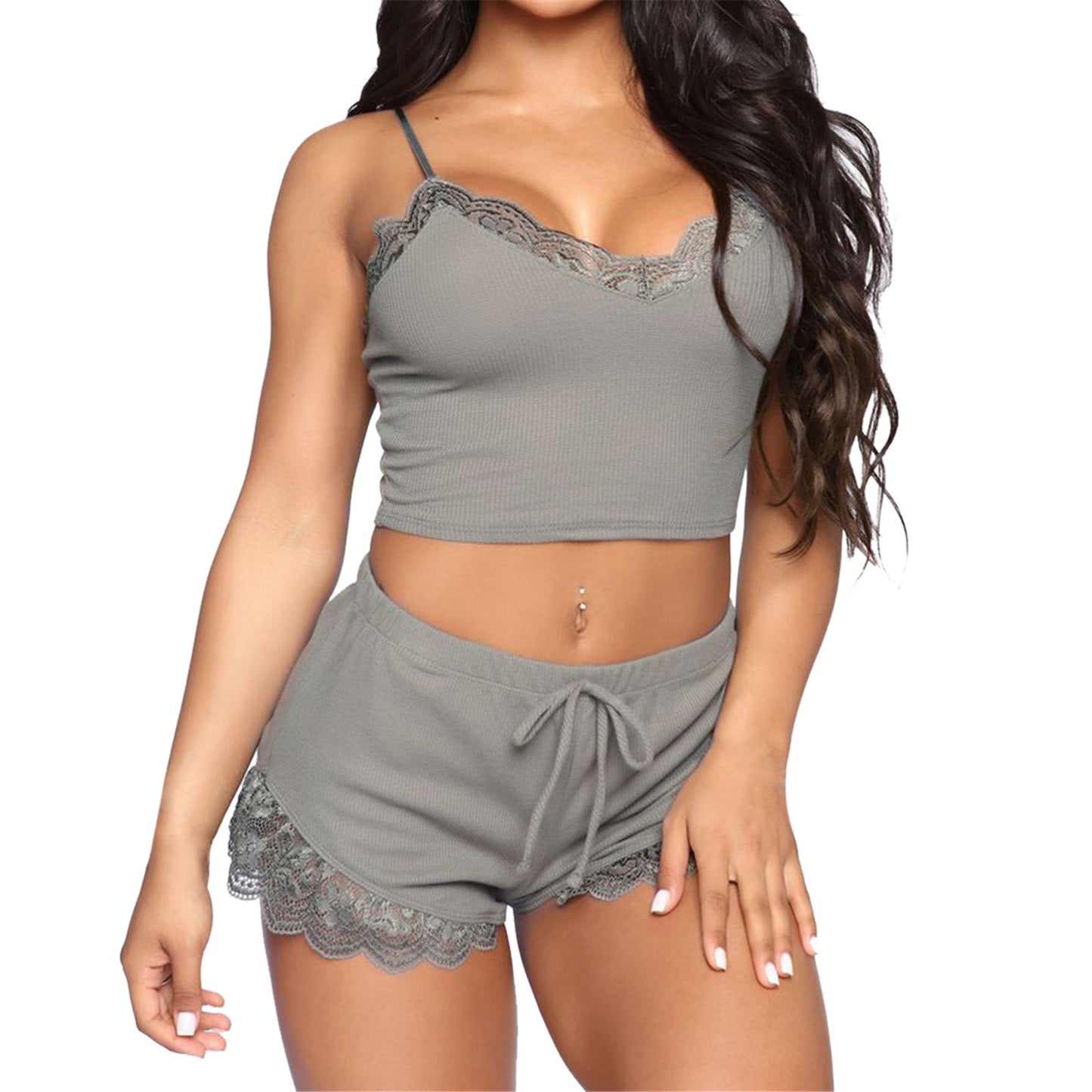 Pyjama sexy en dentelle sans manches pour femme, doux et confortable, col en V, chemise de nuit en satin
