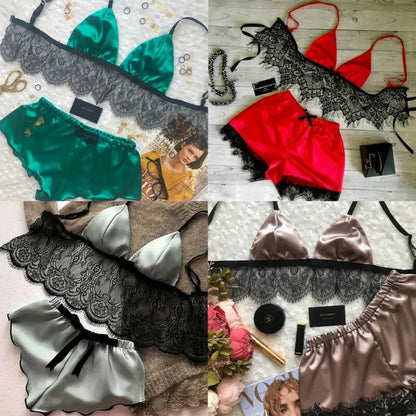 Sous-vêtements pour femmes, lingerie sexy en satin de soie, pyjamas, hauts courts, ensembles bralette et culotte, vêtements doux pour filles, hauts, slips, combinaison en dentelle