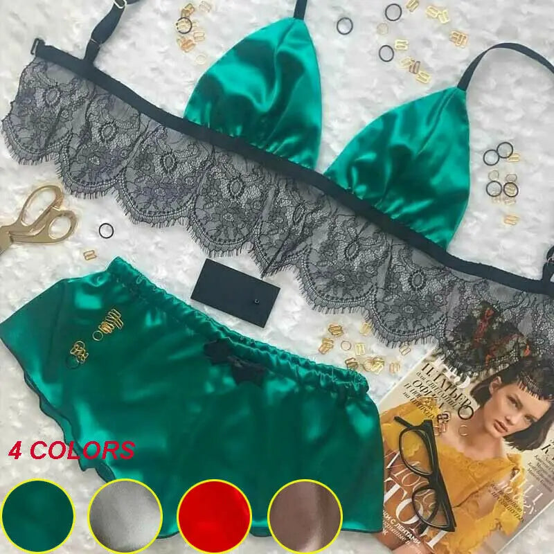 Sous-vêtements pour femmes, lingerie sexy en satin de soie, pyjamas, hauts courts, ensembles bralette et culotte, vêtements doux pour filles, hauts, slips, combinaison en dentelle