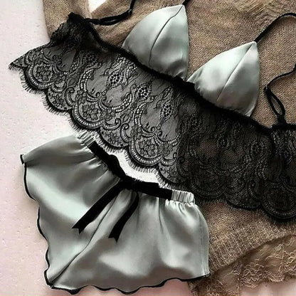 Sous-vêtements pour femmes, lingerie sexy en satin de soie, pyjamas, hauts courts, ensembles bralette et culotte, vêtements doux pour filles, hauts, slips, combinaison en dentelle