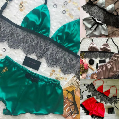 Sous-vêtements pour femmes, lingerie sexy en satin de soie, pyjamas, hauts courts, ensembles bralette et culotte, vêtements doux pour filles, hauts, slips, combinaison en dentelle