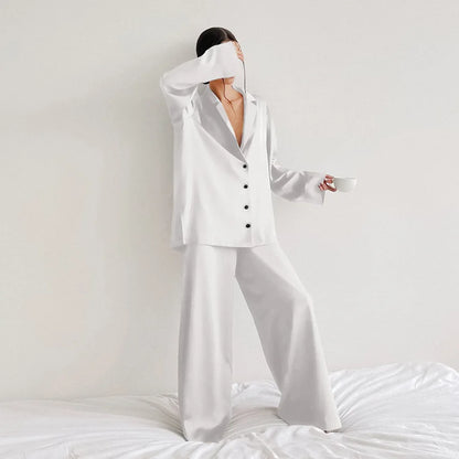 Ensemble de pyjama sexy à coupe basse pour femme, pantalon ample et décontracté à manches longues, en satin de soie uni, haut ajusté, 2 pièces