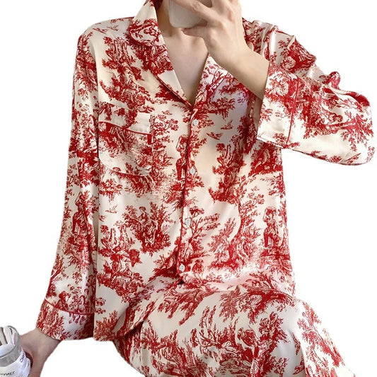 Ensemble pyjama 2 pièces pour femme, tenue de détente, imprimé floral rouge, manches longues, pantalon, vêtements de nuit amples en satin, chemise et pantalon