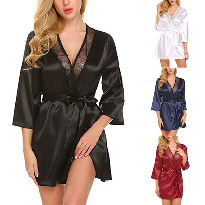 Robe de chambre en satin pour femme, tenue d'été portefeuille, peignoir, chemise de nuit, pyjama, col en V, sexy, surdimensionnée, imitation soie, perspective