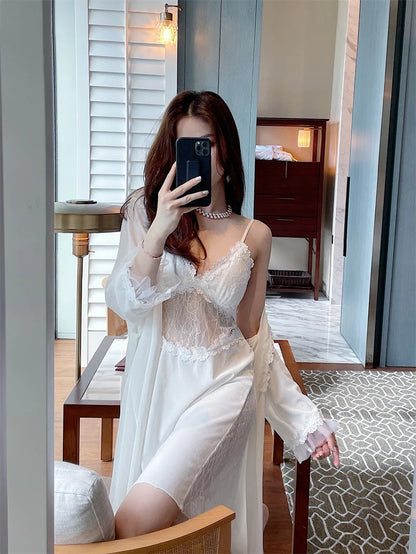 Pyjama sexy en velours pour femme - Robe à manches longues et chemise de nuit à bretelles en dentelle pour l'hiver et l'automne - Vêtements de nuit deux pièces confortables