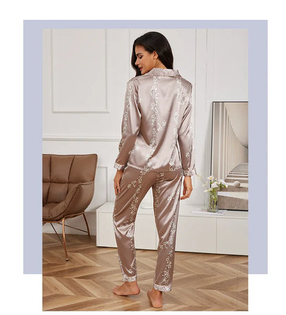Pyjama 2 pièces en satin pour femme, vêtement d'automne à imprimé floral, haut à manches longues, pantalon de pyjama