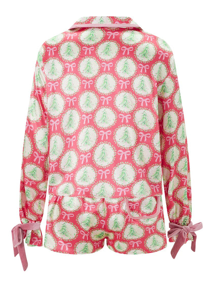 Pyjama de Noël 2025 pour femme, ensemble 2 pièces, chemise à manches longues et short en satin de soie, motif amusant