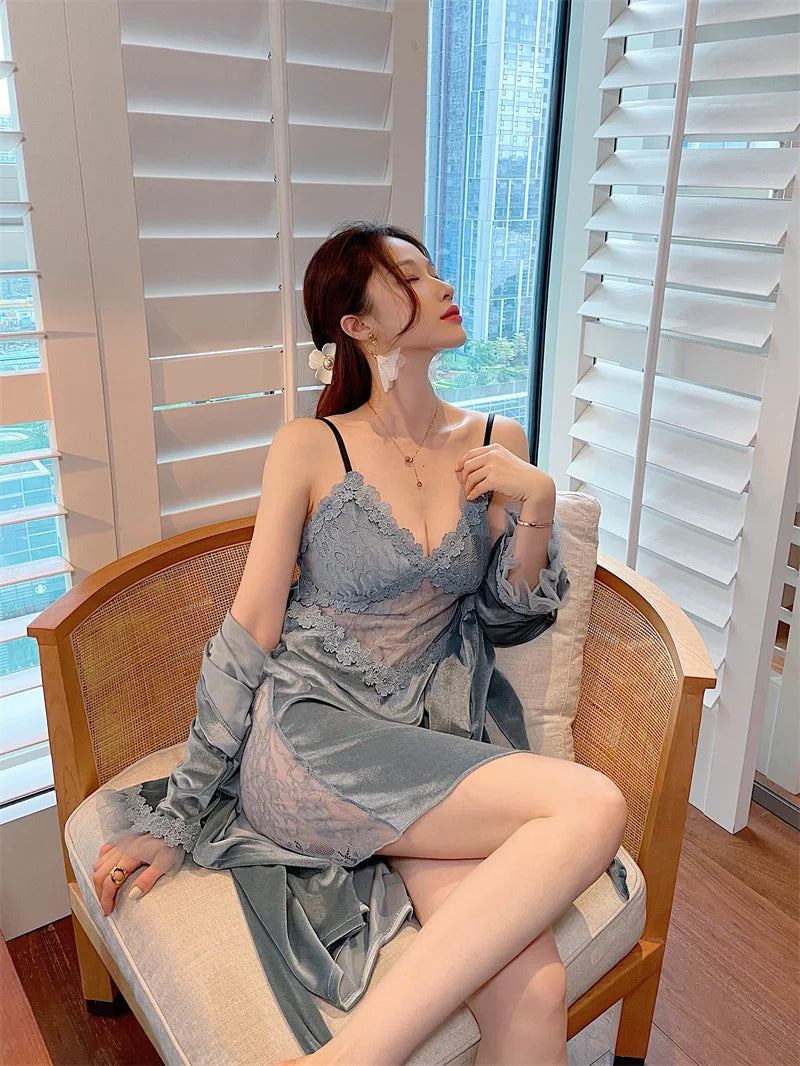 Pyjama sexy en velours pour femme - Robe à manches longues et chemise de nuit à bretelles en dentelle pour l'hiver et l'automne - Vêtements de nuit deux pièces confortables