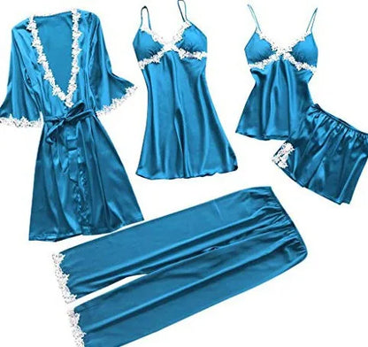 Pyjama cinq pièces sexy en dentelle, chemise de nuit, vêtements de nuit, printemps-été, peignoir ample en satin, vêtements de maison