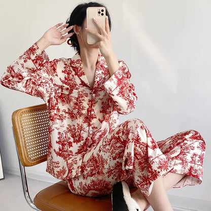 Ensemble pyjama 2 pièces pour femme, tenue de détente, imprimé floral rouge, manches longues, pantalon, vêtements de nuit amples en satin, chemise et pantalon