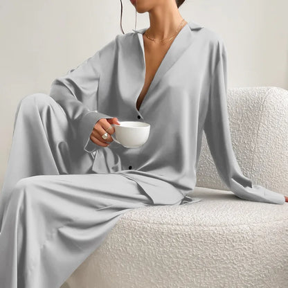 Ensemble de pyjama sexy à coupe basse pour femme, pantalon ample et décontracté à manches longues, en satin de soie uni, haut ajusté, 2 pièces