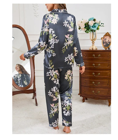 Pyjama 2 pièces en satin pour femme, vêtement d'automne à imprimé floral, haut à manches longues, pantalon de pyjama