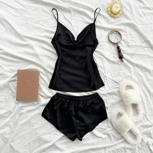 Pyjama sans manches en satin de soie, col en V, ample, caraco, short, chemise de nuit, vêtements de maison, ensembles de vêtements de nuit en soie glacée, été, femme